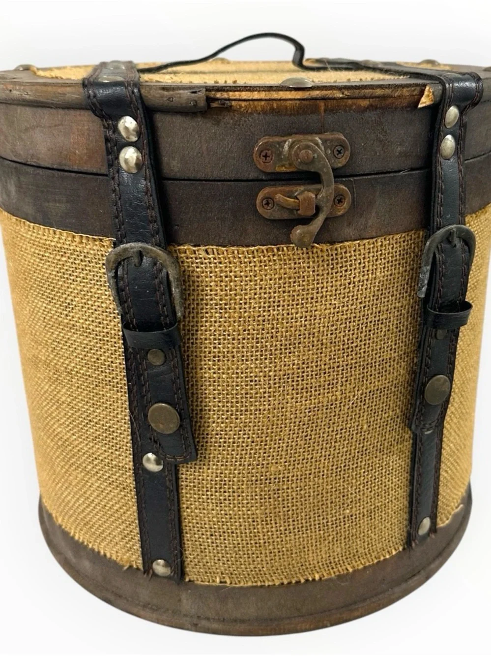 Rustic Round Wood Burlap Storage Box Vintage Style Home Decor 10.5”